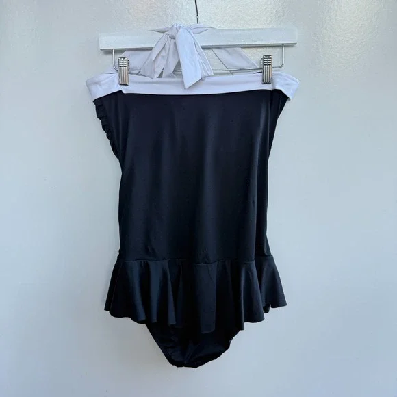 Lauren Ralph Lauren Women Swimsuit Sz 12 Black White Halter Skirted Ruched 1 Pc - Picture 3 of 15